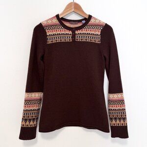 Brown and Tan Fair Isle 100% Cashmere Henley Sweater Size Small
